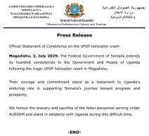 Dowladda Soomaaliya oo ka tacsiyadeysay askartii Uganda uga dhimatay shilkii diyaaradeed