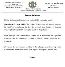 Dowladda Soomaaliya oo ka tacsiyadeysay askartii Uganda uga dhimatay shilkii diyaaradeed
