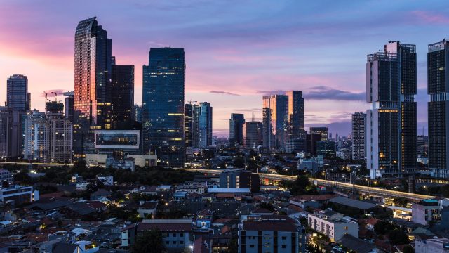 Aerial,View,Of,Sunrise,Over,The,Kuningan,Business,District,Of